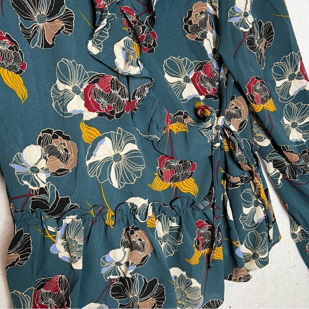 Anthropologie Everleigh Blue Floral Ruffle Wrap Blouse Peasant Womens Size XL - Picture 2 of 8
